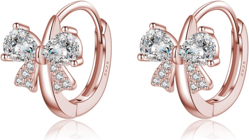 Reffeer Solid 925 Sterling Silver CZ Bow Hoop Earrings for Women Teens Cute Bow Earrings Huggie - Image 1